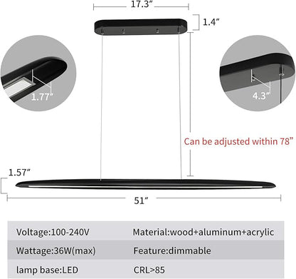 39" Wood LED Linear Pendant Light Black Linear Pendant Dinning Room Hanging Lights LED Dimmable Chandeliers 24w for Dining Room Pool Table Lights Kitchen Island Light Black
