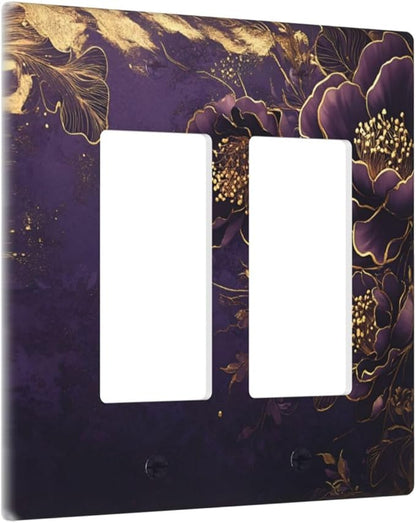 Decorative Outlet Covers Vintage Purple Peony Gold Leaf Flowers Floral 2 Gang Wall Plate Double Rocker Two Switch Wall Cover Plate Jumbo Dual Electrical GFCI Face Plate for Bedroom Decor