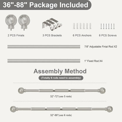 Silver Curtain Rods for Windows 48 to 84 Inch 7/8" Diamete Heavy Duty Adjustable Window Curtain Rod with Decorative Finials for Farmhouse Bedroom Living Room Kitchen Outdoor