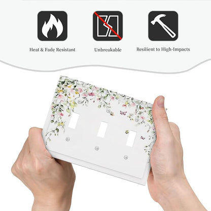 Watercolor Flowers Vine Colorful Butterfly Floral Decorative Switch Plates 3 Gang Wall Plate Triple Toggle Light Switch Cover Faceplate Electrical Wall Panels For Bed Room Living Room Decor