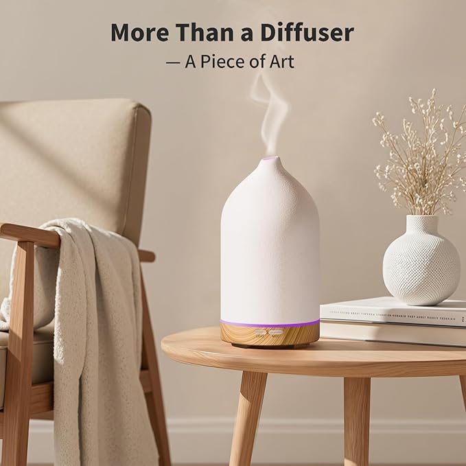 URPOWER 120ML Ceramic Essential Oil Diffuser Ultrasonic Aromatherapy Diffuser with Wood Grain Base, 7-Color LED Lights Auto Shut-Off, Humidifier for Home & Office, Air Diffuser for Relaxation