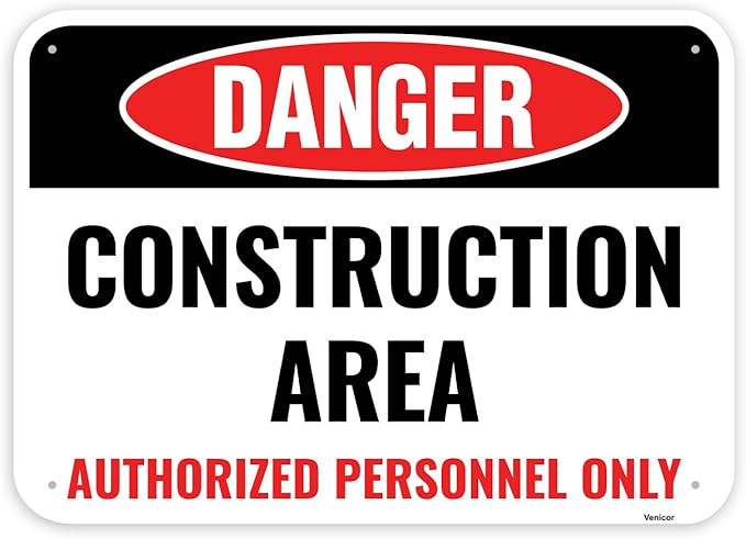 1PC Construction Signs, 14 x 10 Inches - Aluminum - Danger Area Under Construction Safety Site Signs For Jobsites - Authorized Personnel Only