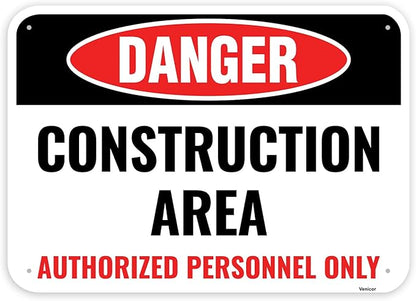 1PC Construction Signs, 14 x 10 Inches - Aluminum - Danger Area Under Construction Safety Site Signs For Jobsites - Authorized Personnel Only