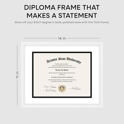 Homeforia 11x14 White Diploma Frame, High End Black Oak 11 x 14 Certificate Wood Frames with Mat 8.5x11, 14x11 Wooden Document Matted Frame, Award Graduation Frames, Tempered Glass, Wall Kit, Set of 1