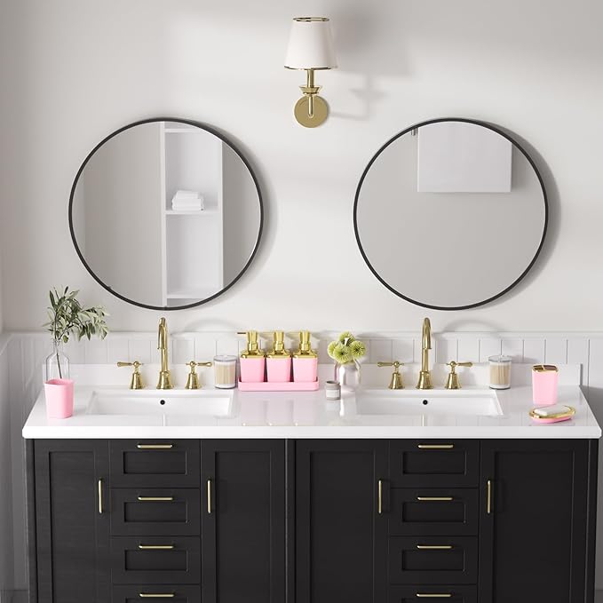 Bathroom Sets with Shower Curtain and Rugs, 27PC Bathroom Accessory Set, Pink Bathroom Set, Pink Bathroom Accessories Set with Trash Can, Toilet Brush and Soap Dispensers