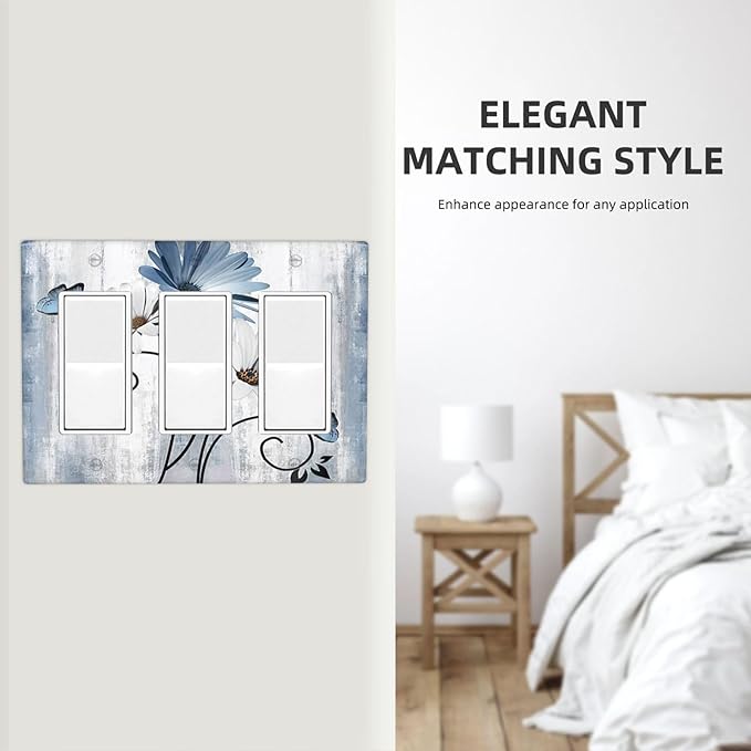 Decorative Outlet Covers Rustic Blue White Daisy Ink Flower 3 Gang Light Switch Cover Plate Triple Rocker Wall Plates for Electrical Outlets Switch Plate Covers for Bedroom Home Decor