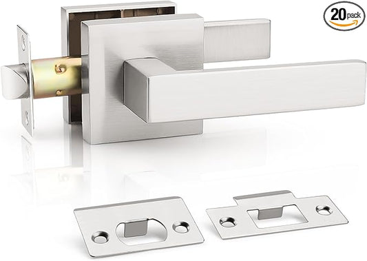 KNOBWELL 20 Pack Heavy Duty Square Door Handle Brushed Nickel Lever Door Handle Closet Hallway Bulk Passage Door Knobs(No Lock)