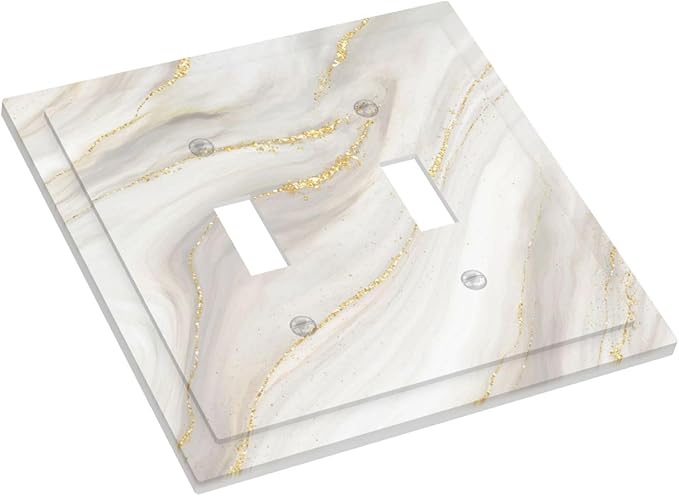 White Grey Gold Marble Simple Tiles Decorative Switch Plates 2 Gang Double Toggle Outlet Light Switch Cover Wall Plate Electrical Faceplate for Bathroom Kitchen Decor