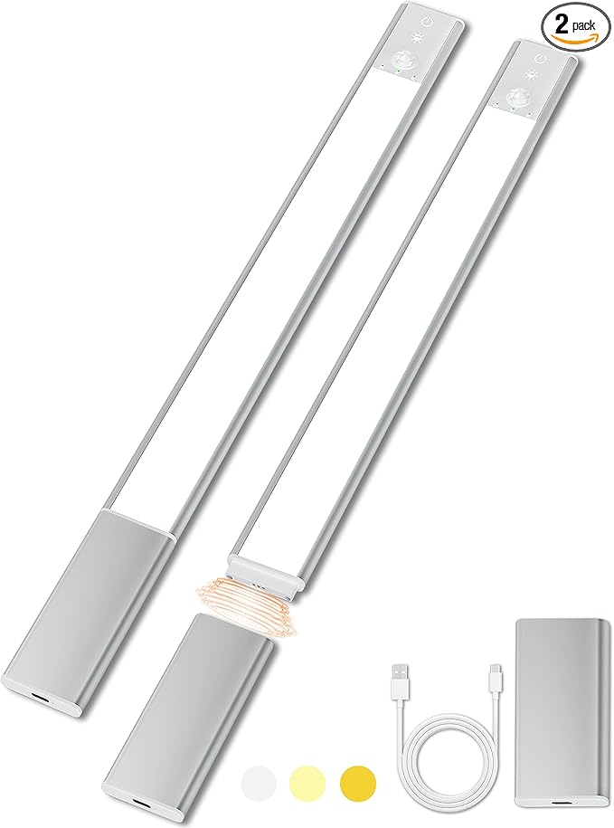 Under Cabinet Lighting, 128 LED Motion Sensor Counter Light, 3 Detachable Batteries, Adjustable Color Dimmable Brightness Closet Lights for Kitchen, Stairs(2 Pack, 20.16 in)