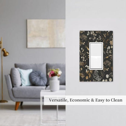 Decorative Outlet Covers Black Gold Floral Dark Leaves Vintage Flowers 1 Gang Single Rocker Light Switch Cover Plate Wall Plates GFCI Faceplate for Bed Room Home Decor