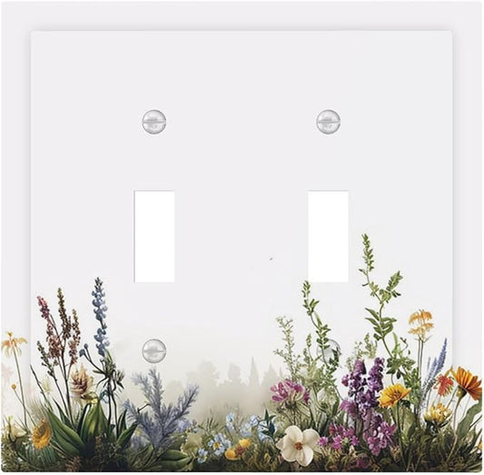 Decorative Switch Plate Covers White Background Colorful Flowers Plants Green Leaves 2 Gang Double Toggle Light Switch Cover Plate Electrical Wall Plate Outlet Cover for Bedroom Home Decor