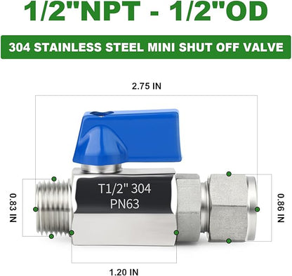 TAISHER 2PCS 304 Stainless Steel Compression Mini Ball Valve Shut Off Switch, 1/2" Tube OD x 1/2" NPT Male