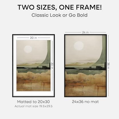 Homeforia 24x36 Black Wood Frame, High End Oak 24x36 Large Wooden Poster Frames with Mat 20x30 inch Photo, 24 x 36 Picture Frame Matted to 20 x 30, 36x24 Thin Frame, Tempered Glass, Wall Kit, Set of 2
