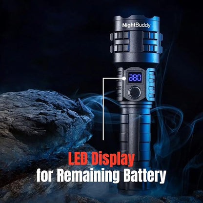 NightBuddy Powerful Rechargeable Tactical LED Flashlight 5000 High Lumens for Home Camping or Survival with Emergency Window Breaker 5 Light Modes IPX7 Waterproof Adjustable Focus USB Output