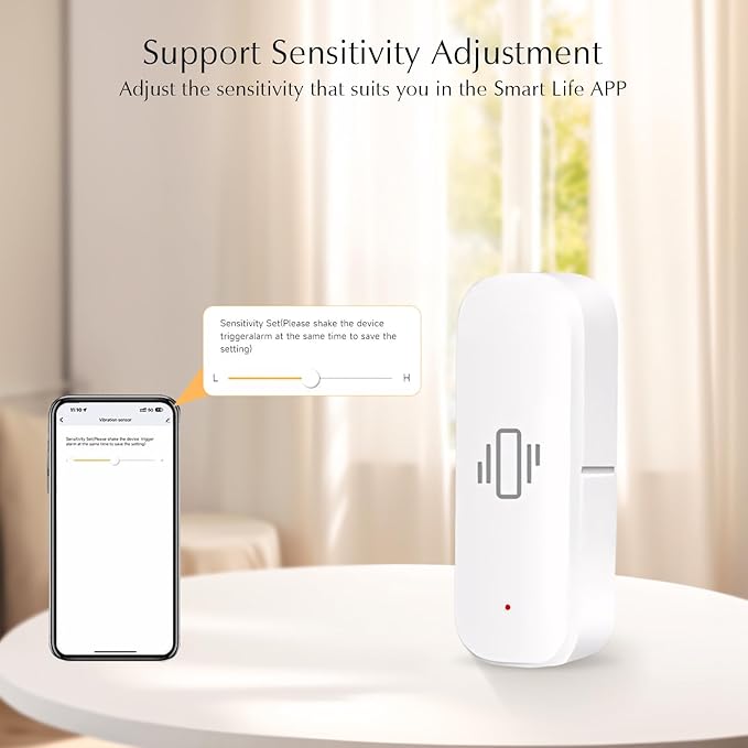 WiFi Vibration Sensor, Smart Window Alarm Sensors, Tuya APP Remotely Receives Notifications with Adjustable Sensitivity, for Window Security Door Alarm Home Assistant