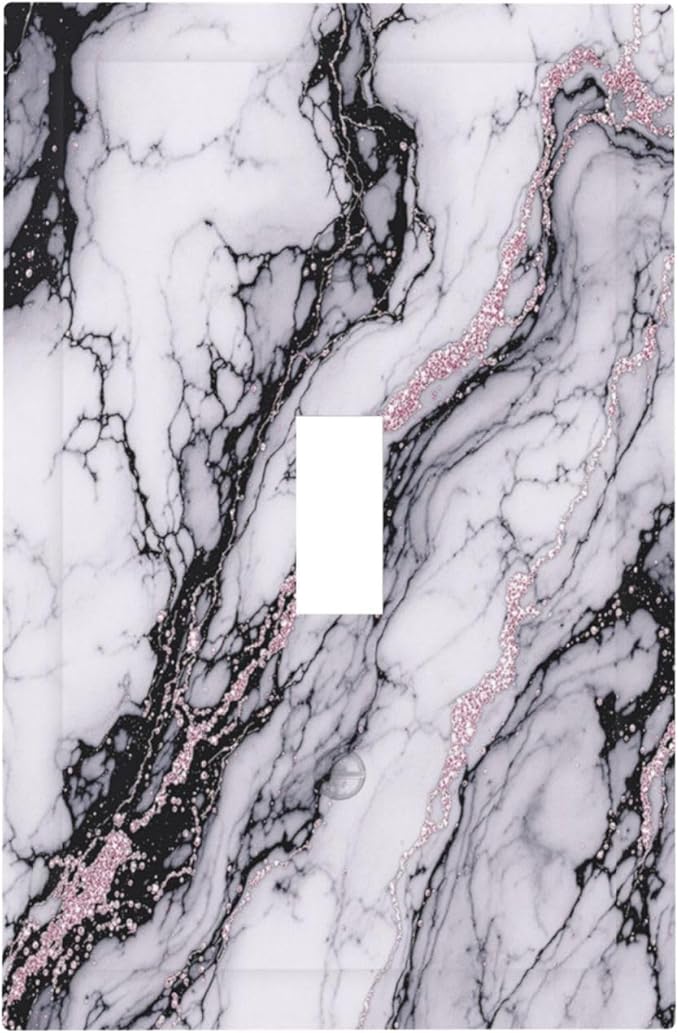 Decorative Light Switch Cover White Marble Pattern Black Lines Pink Lines 1 Gang Single Toggle Device Electrical Faceplate Switchplates Decorator Outlet Wall Plate for living Room