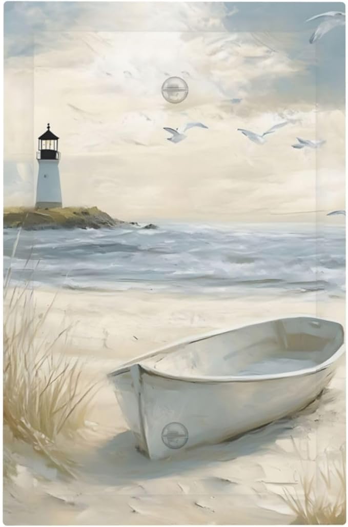 Decorative Light Switch Plate Covers Seascape Painting with Lighthouse Boats 1 Gang No Device Single Blank Outlet Covers Wall Plate Light Switch Covers for Bedroom Home Decor