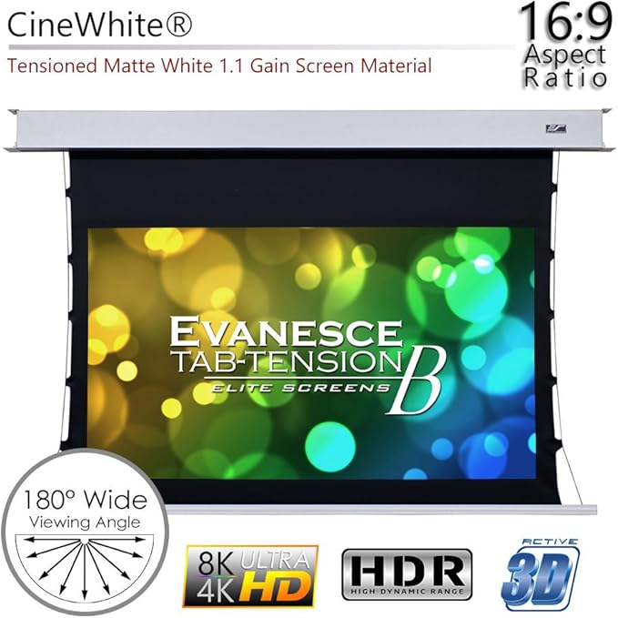 Elite Screens Evanesce Tab-Tension B, 110-inch 16:9, 4K / 8K HD, Recessed in-Ceiling Electric Tab Tensioned Projector Screen, Matte White Projection Screen Surface Programmed Remote Kit, ETB110HW3-E8