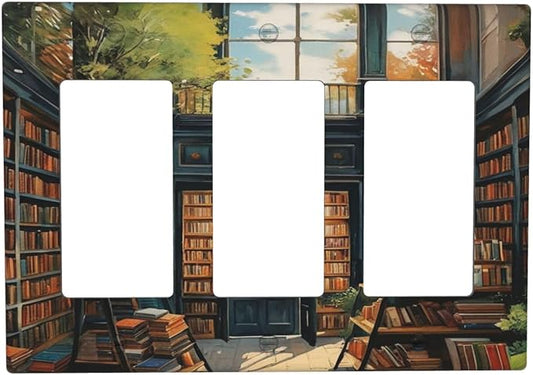 Library With A Lot Of Books 3 Gang Rocker Triple Outlet Wall Plate Decorative Switchplate Cover Faceplate GFCI Light Switch Covers for Farmhouse Living Decor