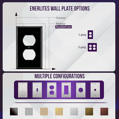 ENERLITES Duplex Receptacle Metal Wall Plate, Corrosion Resistant, Standard Size 2-Gang 4.50" x 4.57", Powder Coated Stamped Steel, 7722-BG, Black Gloss