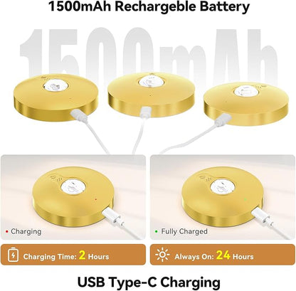 Yiliaw Rechargeable Puck Lights with Remote, Magnetic Under Cabinet Lighting, 1500mAh Battery Operated LED Tap Lights with Dimmer & Timmer for Kitchen, Closet, Shelf，Gold-3 Color Temps-12RGB，12-Pack