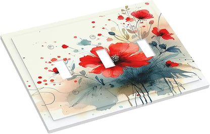 Vintage Floral Red Watercolor Modern Decorative Switch Plates 3 Gang Wall Plate Triple Toggle Light Switch Cover Electrical Wall Panels Faceplate for Bedroom Bathroom Decor