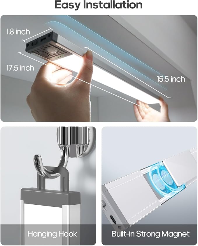 17.5Inch Under Cabinet Lighting, 4500mAh Rechargeable Battery Motion Sensor Light Indoor, Wireless Under Cabinet Lights for Kitchen, Closet（2 Pack-17.5 inch