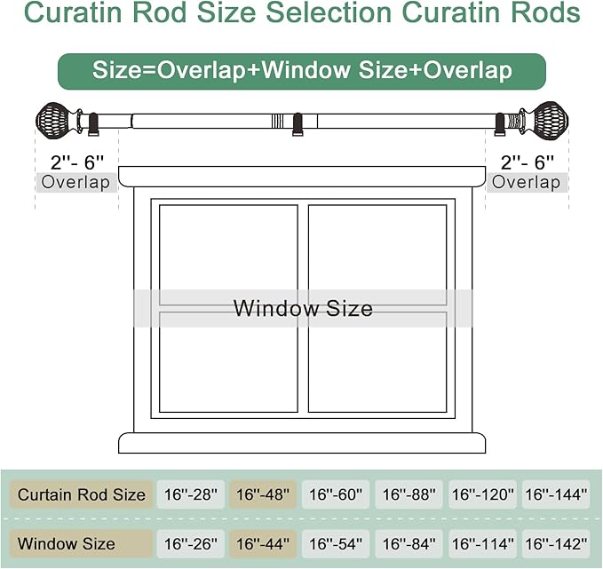 Curtain Rods for Windows 16 to 48 Inches Adjustable Length 1 Inch Diameter Window Curtain Rod with Wood Grain Leaf Pattern Finials,for Heavy Duty Curtains Rods