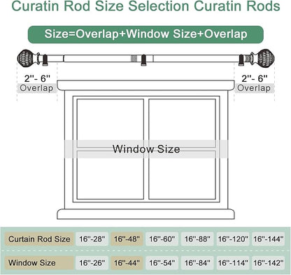 Curtain Rods for Windows 16 to 48 Inches Adjustable Length 1 Inch Diameter Window Curtain Rod with Wood Grain Leaf Pattern Finials,for Heavy Duty Curtains Rods