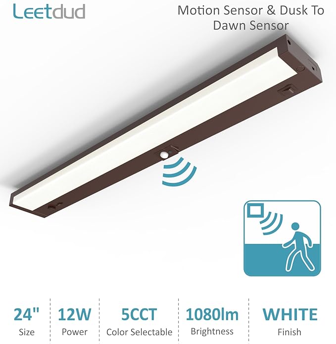 LED Under Cabinet Lighting Motion Sensored Hardwired with Built-in Dimmer, 24 Inch 12W Dimmable 5 Color 2700/3000/3500/4000/5000K, Linkable Eyes Care for Kitchen, Counter, ETL Listed, Bronze