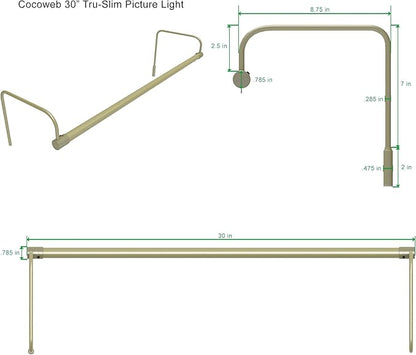 Cocoweb 30 Inch Tru-Slim Antique Brass Picture Light - LED, 2700K, Adjustable Arm, Plug-in, Toggle Switch, Sleek and Compact Design