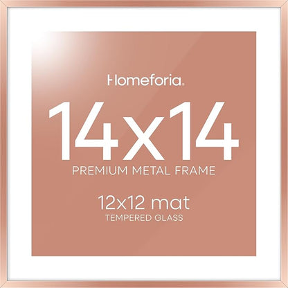 Homeforia 14x14 Picture Frame Rose Gold, High End Metal 14 x 14 Square Poster Frame with Mat 12 x 12 Photo, 14x14 Frame Matted to 12x12 Print, 14by14 Hanging Frames, Tempered Glass, Wall Kit, Set of 1