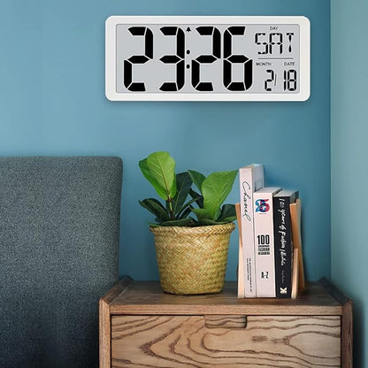 TXL 14.2" Large Digital Day Wall Clock, Custom 8 Languages Calendar, Count up-Down Timer and Temp Reminder, 12/24Hr Desktop Alarm Clock with Extra Large Display for Home Office Studio Hotel, White