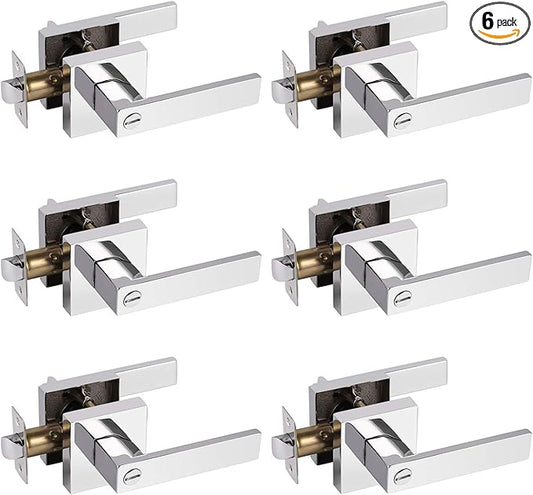 Probrico Polished Chrome Privacy Door Levers Heavy Duty Lockset for Interior Bedroom/Bathroom, Flat Square Universal Handing Handlesets/Leversets, 6 Pack