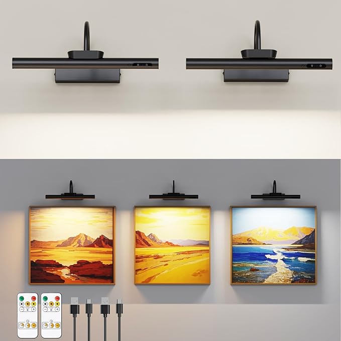13.8inch Battery Operated Wireless Picture Light，Remote Control Painting Display Lights, Rechargeable Wall Lights with Three Modes and Power Display for Art Frame (13.8in Black-2set)