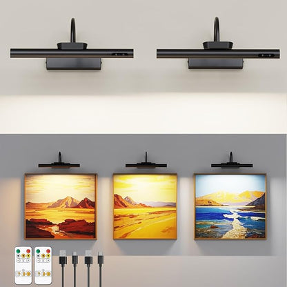 13.8inch Battery Operated Wireless Picture Light，Remote Control Painting Display Lights, Rechargeable Wall Lights with Three Modes and Power Display for Art Frame (13.8in Black-2set)