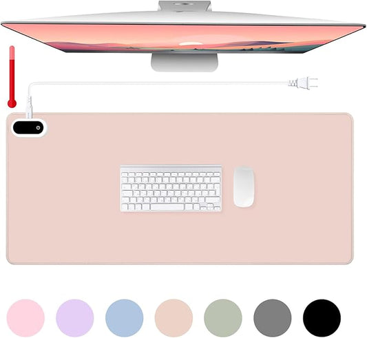 Konohan Heated Large Desk Mat PU Leather Warm Mouse Pad with 5 Heating Level & 4 Hour Auto Shut-Off Heating Keyboard Pad Warmer Gaming Mice Mat Only Supports 110v(Khaki Color,31.5" X 13")