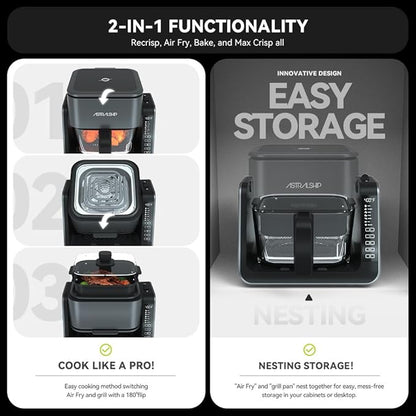 Astralship 2-in-1 Glass Air Fryer & Grill Combo, 4.2 QT + 1.3 QT Capacity, 7 Digital Presets, Small, Non-Toxic See-Through Glass Bowl, Low-Oil Healthy Cooking, Easy to Clean, Multi-Function Design