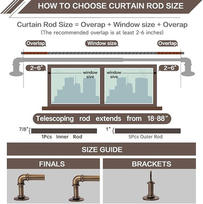 Industrial Curtain Rods 18 to 88 in,Blackout Curtain Rod,Adjustable Length,1 in Diameter Pipe,Wall or Ceiling Mounted,for Bedroom and Living Room (Antique Brass18” to 88”)