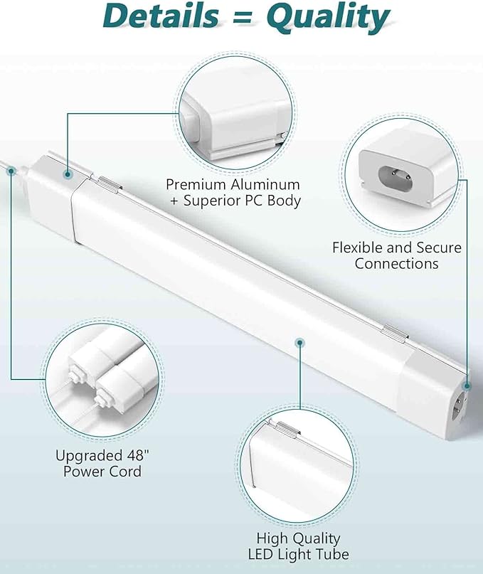 LED Tube Light Fixture with Plug, 1.4FT-2pcs 1800LM 5000K Utility Shop Light, Linkable Cabinet Light for Garage, Kitchen, Bathroom, Closet, Office - 1.4Ft, Triproof, White