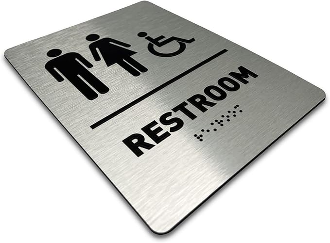 Unisex/Wheelchair Bathroom Sign by GDS - ADA Compliant, Wheelchair Accessible, Raised Icons, & Grade 2 Braille - Includes Adhesive Strips for Easy Installation - Bathroom Signs for Business, Restroom Sign, Restroom Signs for Business - 6" W x 8" H (Bru...
