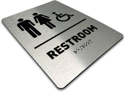Unisex/Wheelchair Bathroom Sign by GDS - ADA Compliant, Wheelchair Accessible, Raised Icons, & Grade 2 Braille - Includes Adhesive Strips for Easy Installation - Bathroom Signs for Business, Restroom Sign, Restroom Signs for Business - 6" W x 8" H (Bru...