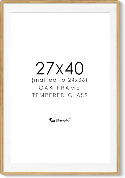 27x40 Picture Frame, 27 x 40 Poster Frame - Solid Oak Wood, 27 by 40 Frame with Tempered Glass, 27"x40" Wood Frame with Mat for 24"x36", Minimalist 27x40 Frames for Wall, Natural Oak Color, 1 Pack