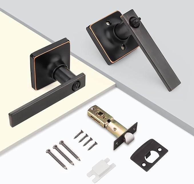GOBEKOR 2 Pack Bronze Door Handles Interior with Lock Privacy Door Levers Oil Rubbed Bronze Lever Door Handle Interior Keyless Door Locks for Bedroom Bathroom Bronze Square Door Handles