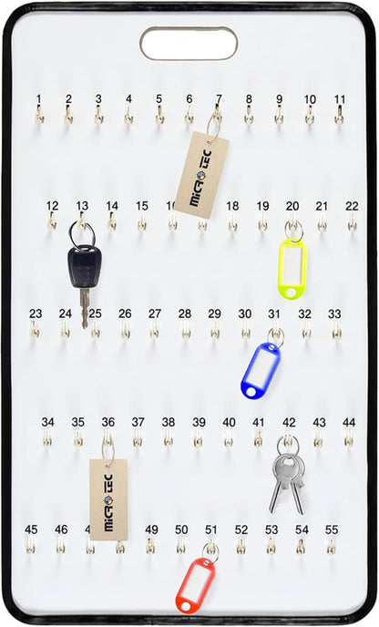 MICRO TEC Masonite Key Holder Wall Mount with 55 Spring-Lock Hooks 18-1/2" × 29-5/8" – Wall Mounted Key Organizer Board with Metal Trim and Handle – Office, Garage Key Rack Cabinet - Pack of 1