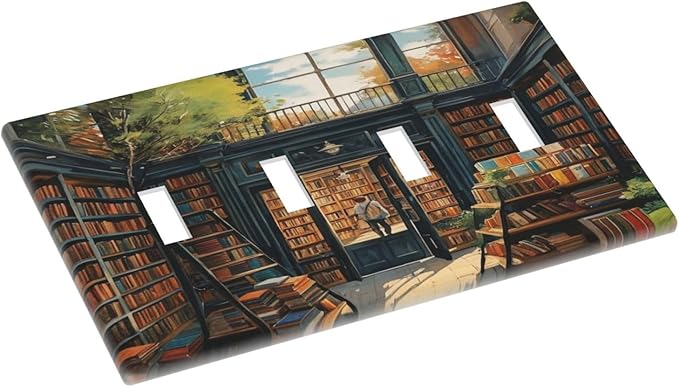 Library With A Lot Of Books Light Switch Covers Quad Toggle 4 Gang Wall Plate Decorative Switchplate Electrical Faceplate for Farmhouse Bathroom Living Decor