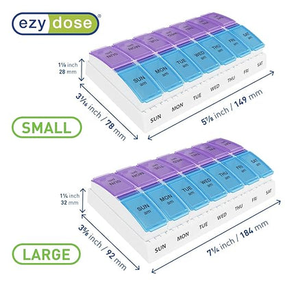 EZY DOSE Weekly AM/PM Pill Organizer, 7-Day Vitamin Container and Daily Medication Box with Large Pop-Out Compartments, 2 Times a Day Pill Holder, Blue and Purple Lids, Travel-Friendly Design
