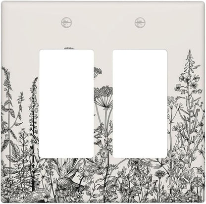Decorative Outlet Covers Beige Skech Plant Leaves Flowers 2 Gang Wall Plate Double Rocker Two Switch Wall Cover Plate Light Switch Cover Plate Faceplate for Country Bedroom Home Decor