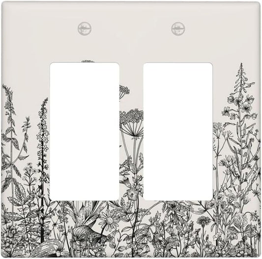 Decorative Outlet Covers Beige Skech Plant Leaves Flowers 2 Gang Wall Plate Double Rocker Two Switch Wall Cover Plate Light Switch Cover Plate Faceplate for Country Bedroom Home Decor