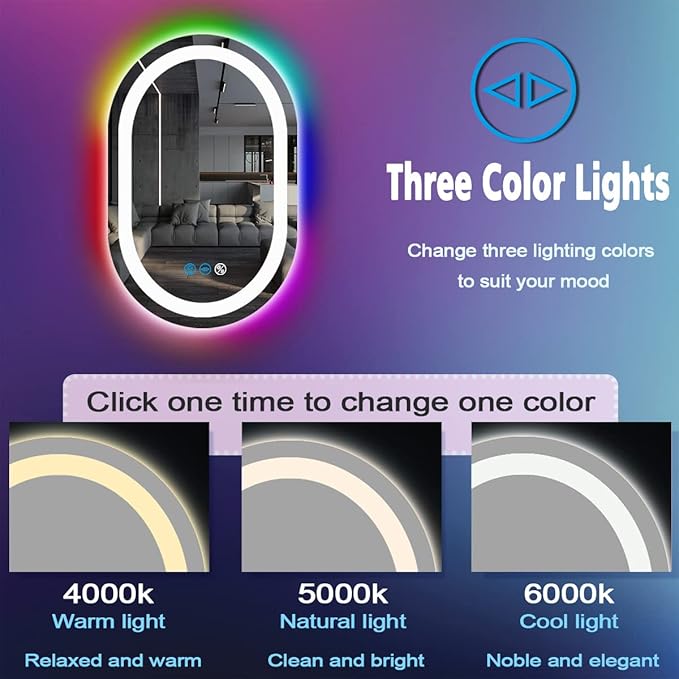 24 x 16 Inch RGB Oval Bathroom Mirror with Smart Dimmable 3 Color Front Lights & Rainbow Colorful Changing Backlit Oval Lighted Vanity Mirror for Bathroom Wall Horizontal or Vertical Mounted